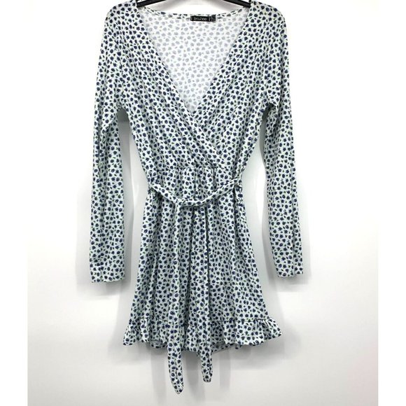 Boohoo Dress White Ditsy Floral Long Sleeve V Neck Belted Ribbed - Picture 4 of 11